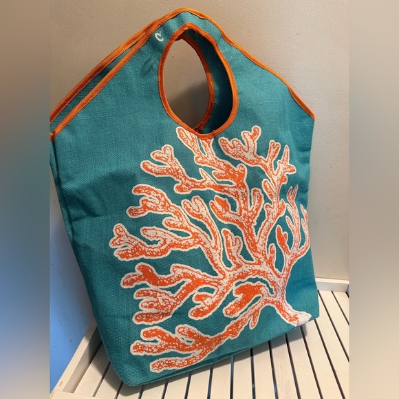 Mud Pie Jute Tote Beach Bag Teal With Orange Trim -  coral Design NWOT - Picture 1 of 5